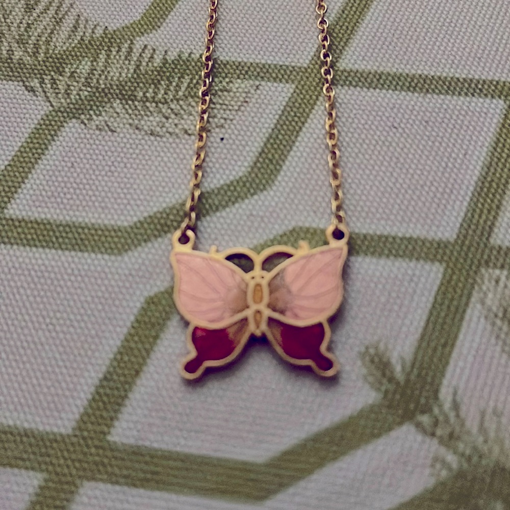 New old stock, pink, two-tone enamel butterfly necklace